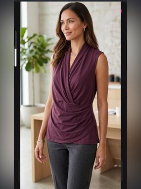 Peruvian Connection Sleeveless Draped Wrap Top in Deep Plum